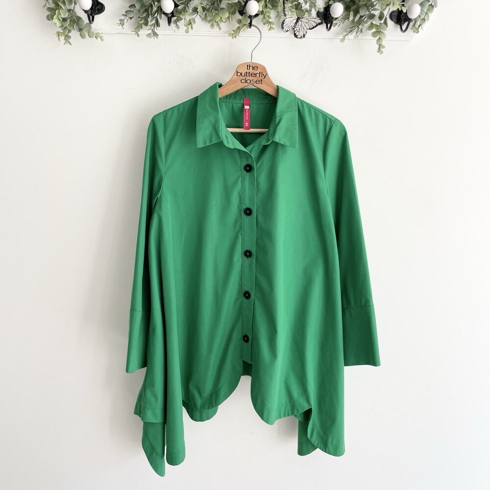 IC Collection Green Collared Buttoned Asymmetrical Long Sleeve Top Size L #1-400